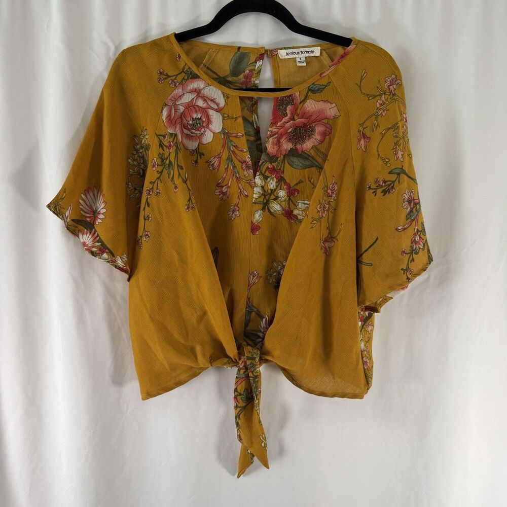 Jealous Tomato Blouse Women's Large Yellow Floral Short Sleeve Tie Front